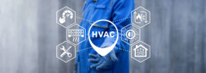 man holding out hand with HVAC symbols