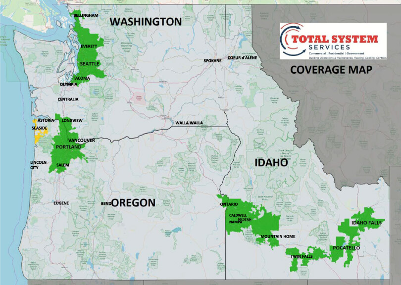 Map of TSS HVAC Coverage Areas in Idaho, Oregon, Washington