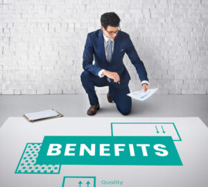 man next to giant word "Benefits"