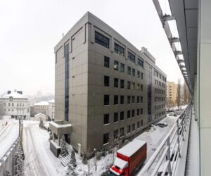 Building on snowy winter day